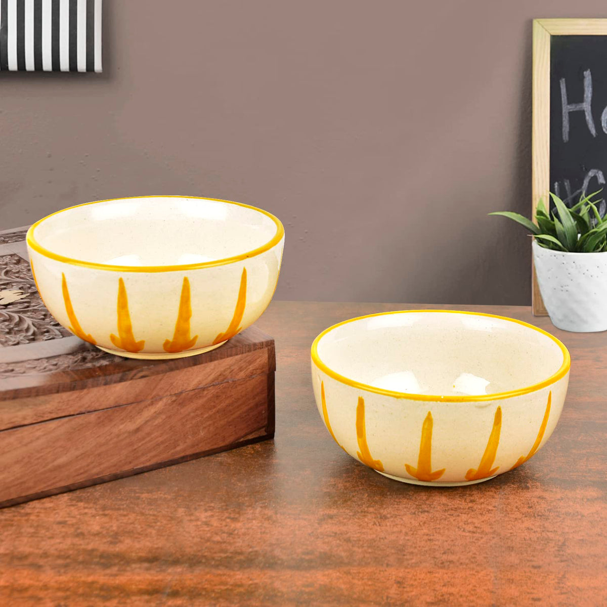 Ceramic Floral Serving Bowls Set Of 2 - Yellow & Off White, Diameter - 5.5 Inches | Salad Bowls - Vegetable & Pasta Serving Bowls