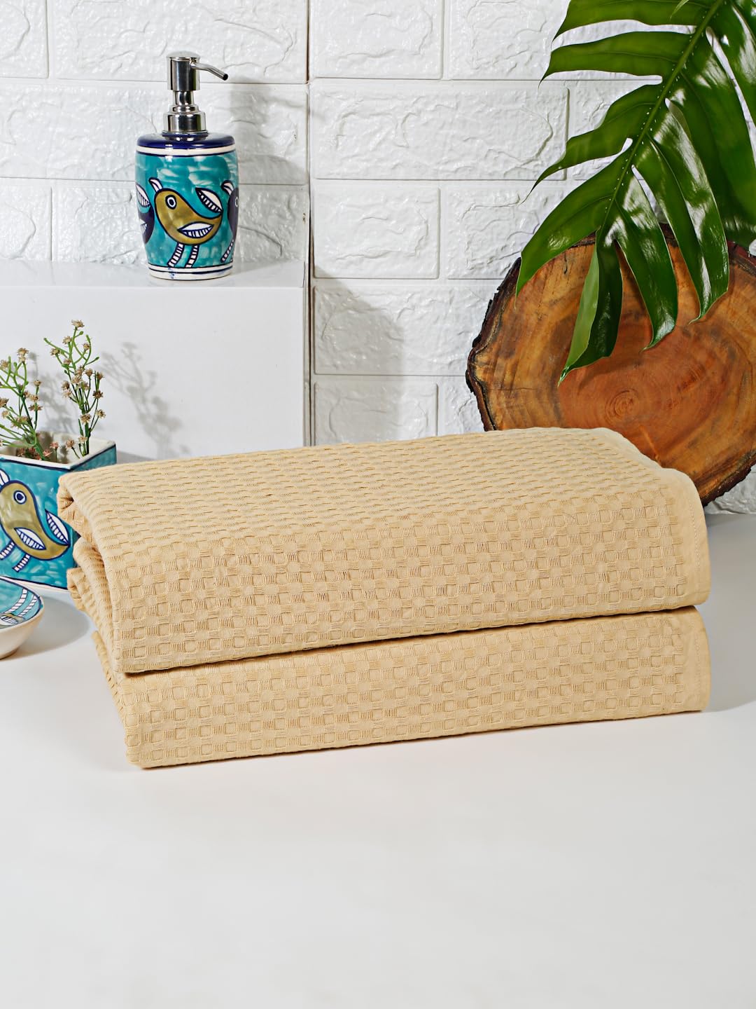 Eco Sense Basket Weave 100% Cotton Luxuriosly Bath Towels 700 Gsm | Soft, Super Absorbent, Large Size Quick Dry Bath Towel - Sandal (Pack Of 2)