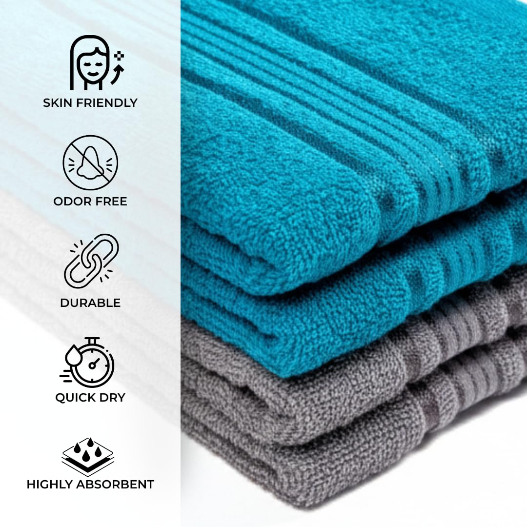 Akiko Home 100% Cotton Essential Series Hand Towels 800 Gsm | Soft, Absorbent & Durable, Cotton Hand Towel For Bathroom Use, Gentle On Skin- Pack Of 4 (Teal & Grey)