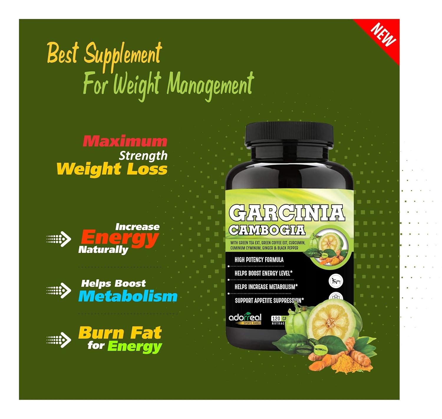 Adorreal Garcinia Cambogia, Green Tea, Green Coffee, Curcumin, Ginger & Black Pepper Extract Weight Loss Supplement, Improves Digestion | 120 Capsules 150gm 0.3lbs
