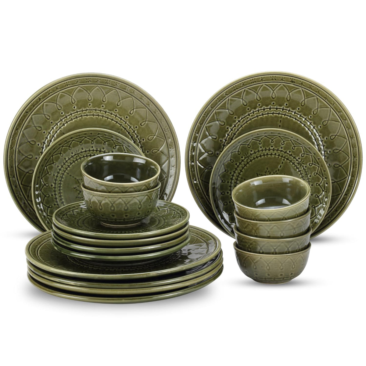 Handcrafted Stoneware Embossed Ceramic Dinner Set Of 18 Pcs - Moss Green | 6 Dinner Plates+ 6 Small Plates+ 6 Small Dinner Bowls, 180ml Each | Microwave & Dishwasher Safe - Serving For 6