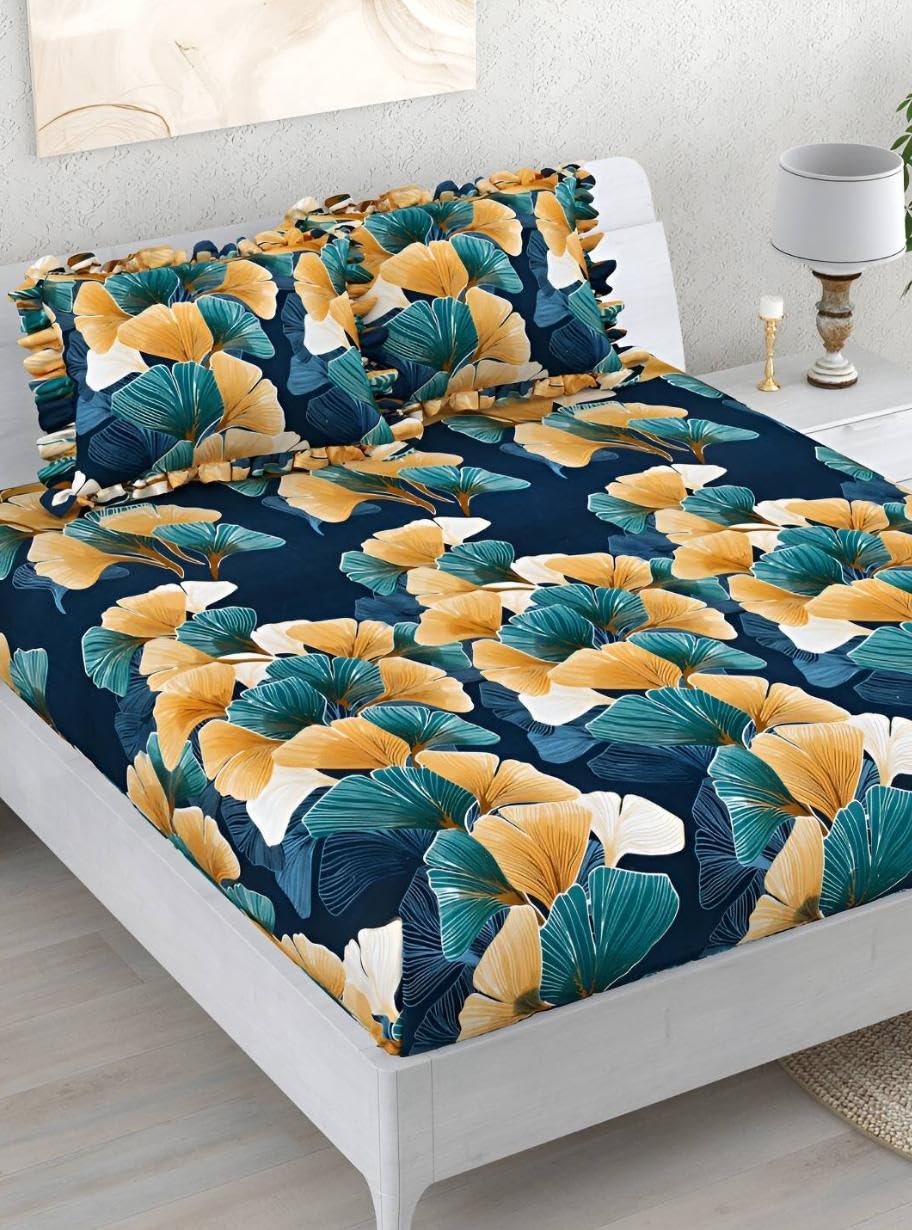 Premium Heavy King Size Bedsheet With 2 Frill Pillow Covers | 72 X 78 Inches, Blue | Double Bed, All-Around Elastic Fitted | Luxurious Comfort & Durability