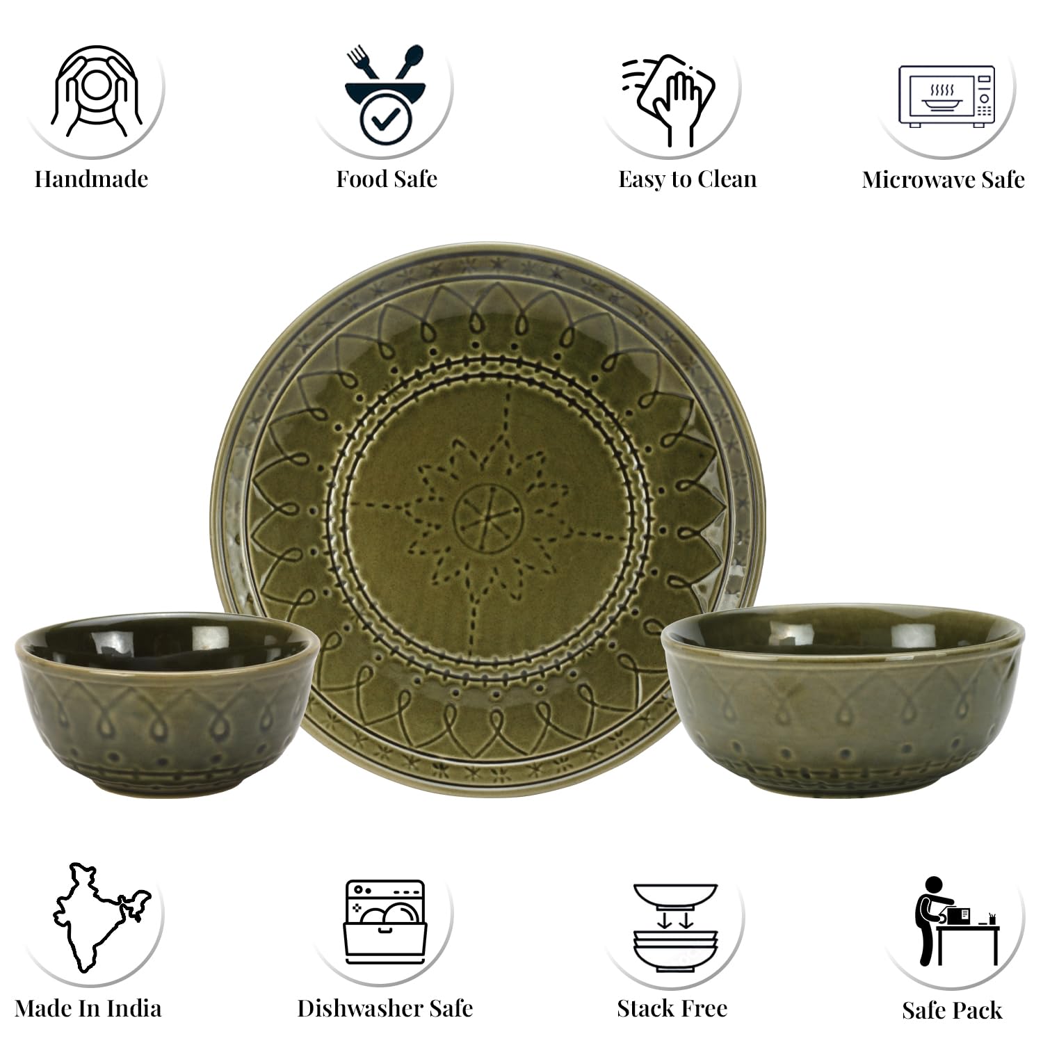 Handcrafted Ceramic Dinner Set Of 10 Pcs With Serving Bowls Set - Moss Green | 4 Dinner Plates + 4 Small Dinner Bowl, 180ml Each + 2 Serving Bowl, 1000ml Each | Dishwasher Safe - Serving For 4