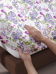 Queen Size Elastic Fitted Bedsheet With 2 Pillow Covers (Size 60 X 78 Inches) White & Lilac | Good For Home, Hotel, Villa, Resort & Guest House Bedsheets