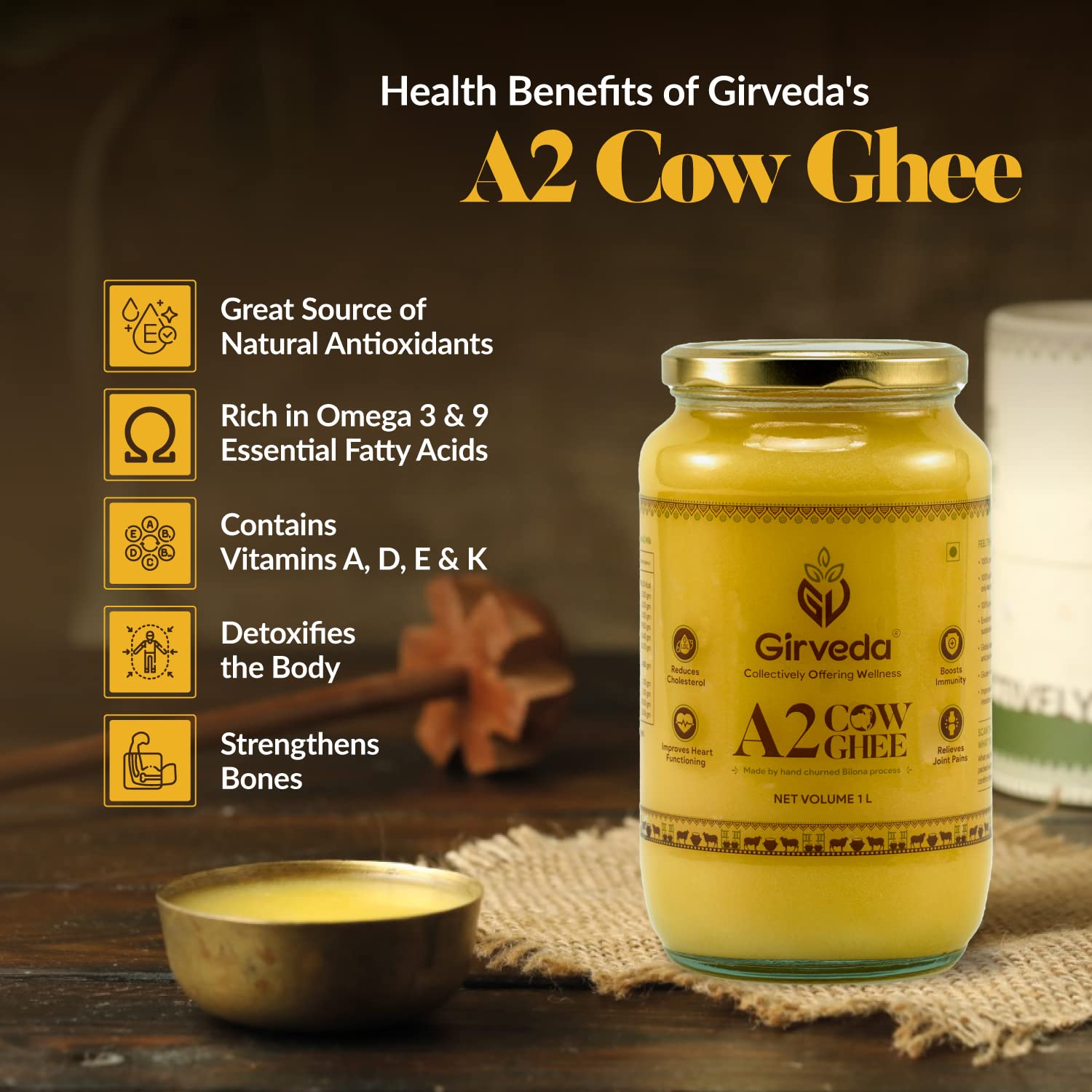 Natural A2 Cow Ghee By Girveda | Natural & Healthy Gir Cow Cultured Desi Ghee Perfect For Glowing Skin | (1 Litre) 33.8 Ounce | Jar Pack