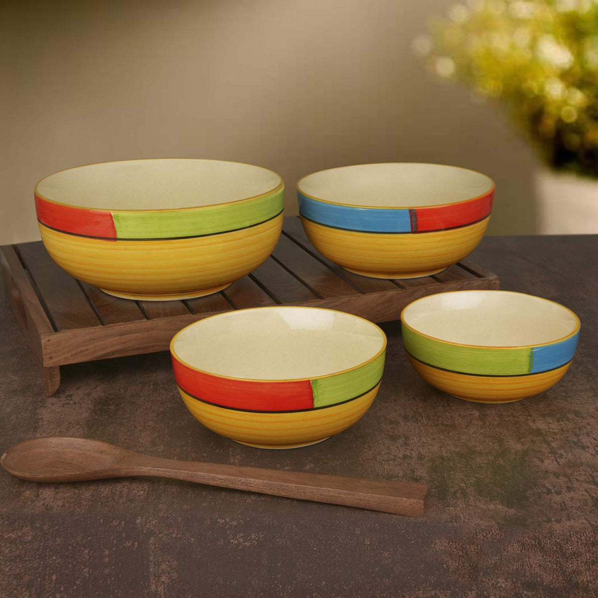 Studio Pottery Hand Painted Dinner Serving Bowl Set Of 4 - 1200ml+650ml+450ml+250ml, Orange, Green & Yellow | Dinner Serving Donga Set - Stackable Kitchen Bowl Set