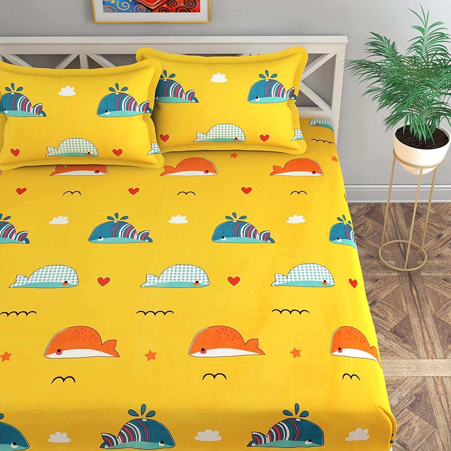Printed Kids Bedsheet For Queen Size With 2 Pillow Covers - 90 X 100 Inches, Yellow | Soft & Skin-Friendly Fabric | Suitable For All Seasons