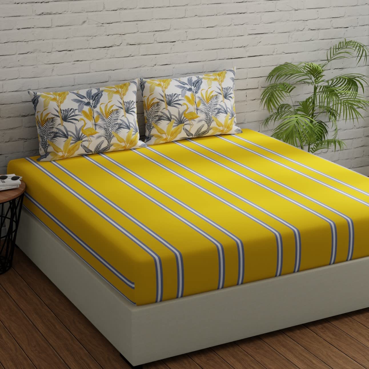 144 TC Double Bedsheet For Queen Size With 2 Pillow Covers - 88 X 96 Inches, Yellow & Grey | Printed Stripes & Flamingos | Perfect Gift For Anniversary, Wedding