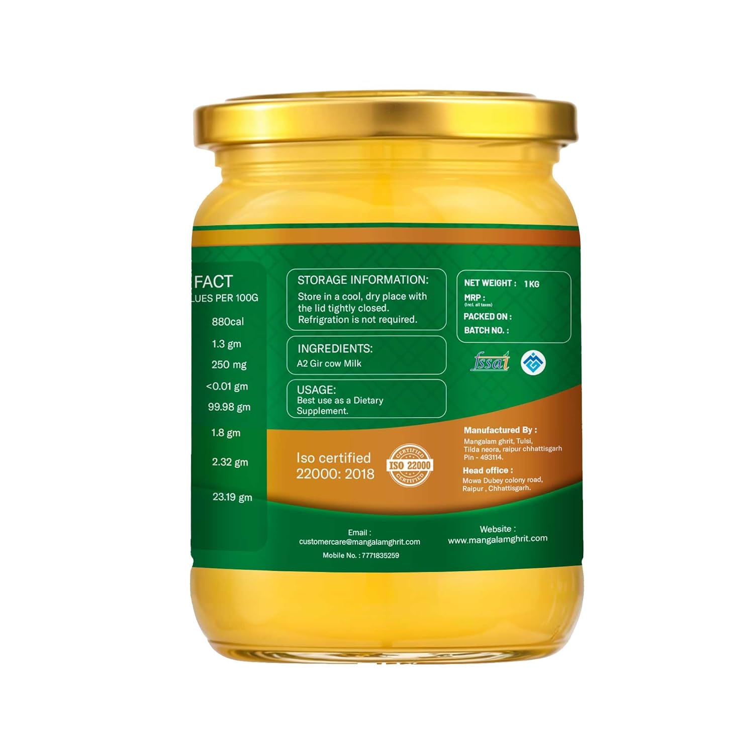 100% Pure A2 Gir Cow Desi Ghee By Mangalam Ghrit | Traditional A2 Ghee Bilona Method Healthy Bilona Ghee Protact Eyesight | (1 Litr) 33.8 Ounce | Jar Pack