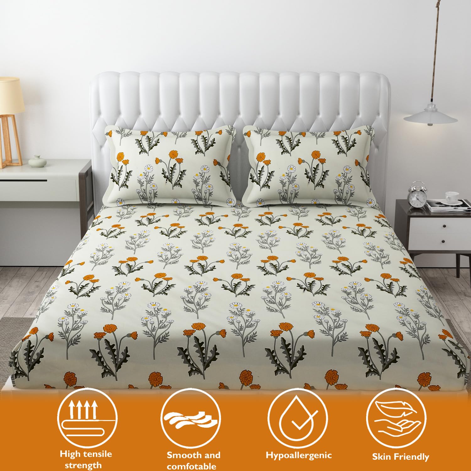 1 Elastic Fitted Bedsheet For King Size & 2 Pillow Covers - 78 X 72 Inches, Cream & Mustard | Elegant Floral Print Design & Skin-Friendly