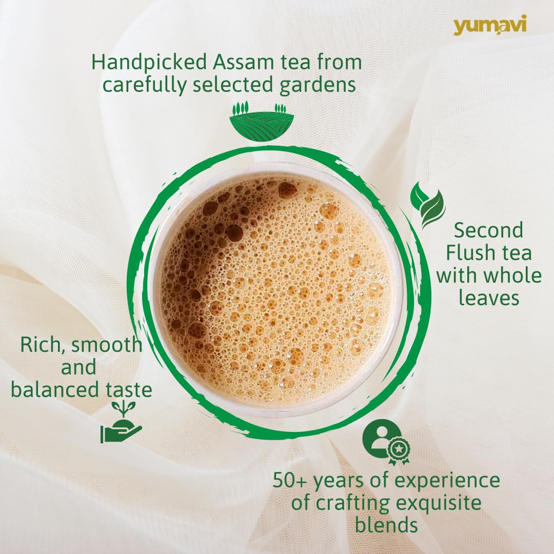 Yumavi Second Flush Assam CTC Tea - 250gm, 8.8 Ounce | Rich, Bold & Smooth Taste - Freshly Handpicked Kadak Chai Patti | Strong Chai With Whole Leaves, Medium Caffeine