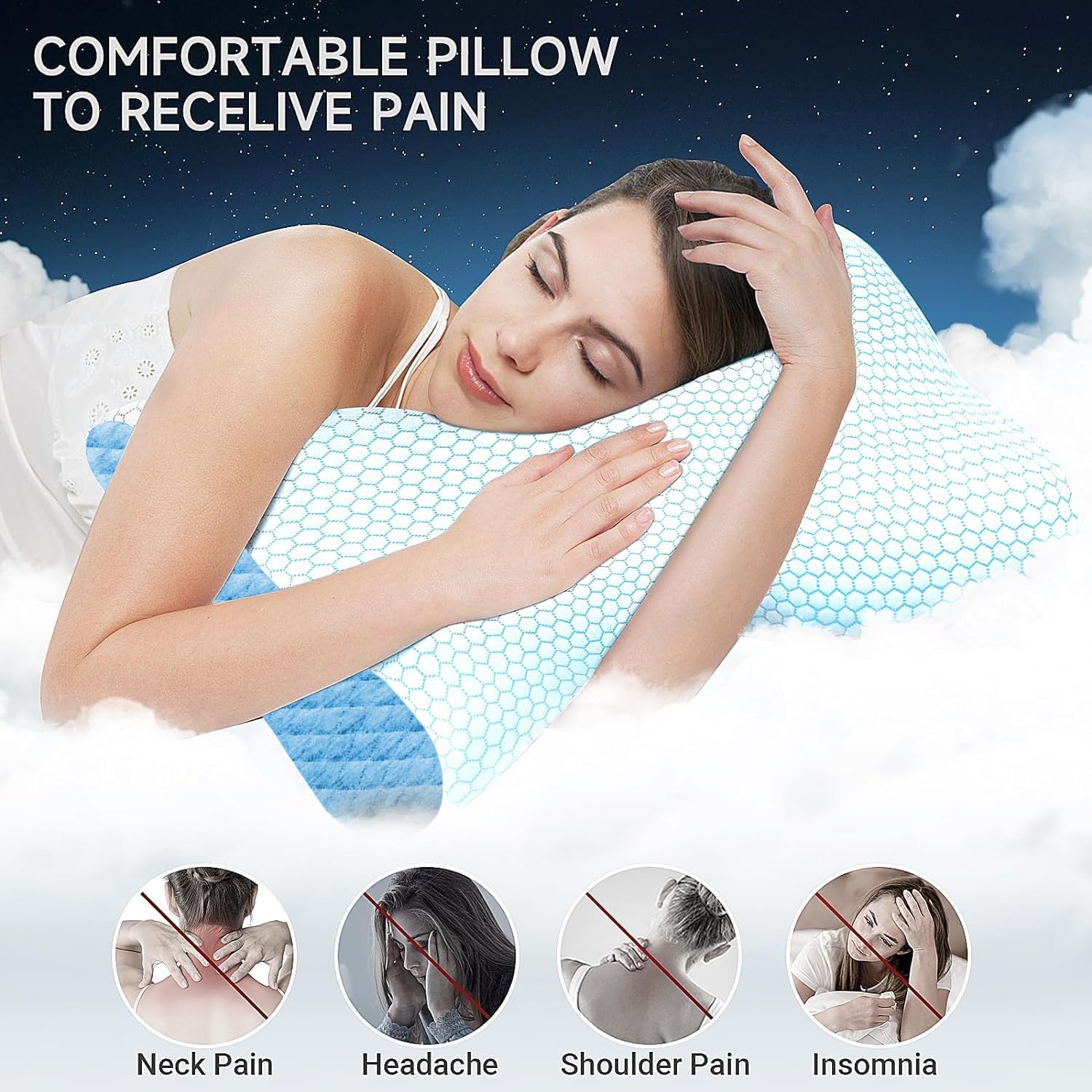 Memory Foam Pillow For Sleeping, Contour Cervical Orthopedic Pillow - Sky Blue | For Neck & Shoulder Pain Relief For Sleeping, Ergonomic Cervical Pillow, Neck Support, Adjustable Pillow