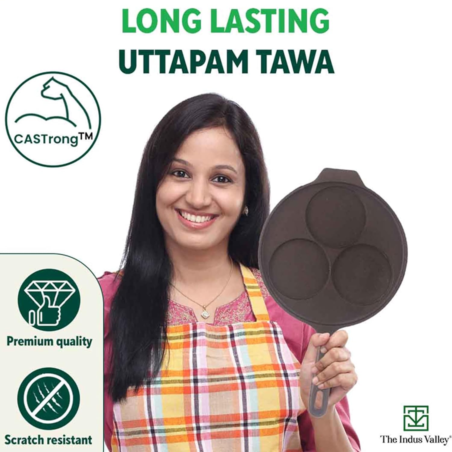 Pre-Seasoned Black Cast Iron Uttapam Tawa - 3 Pit, 23cm, 9 Inch, 1.6 Kg | Induction Friendly, Naturally Nonstick, 100% Pure & Toxin-Free, No Chemical Coating