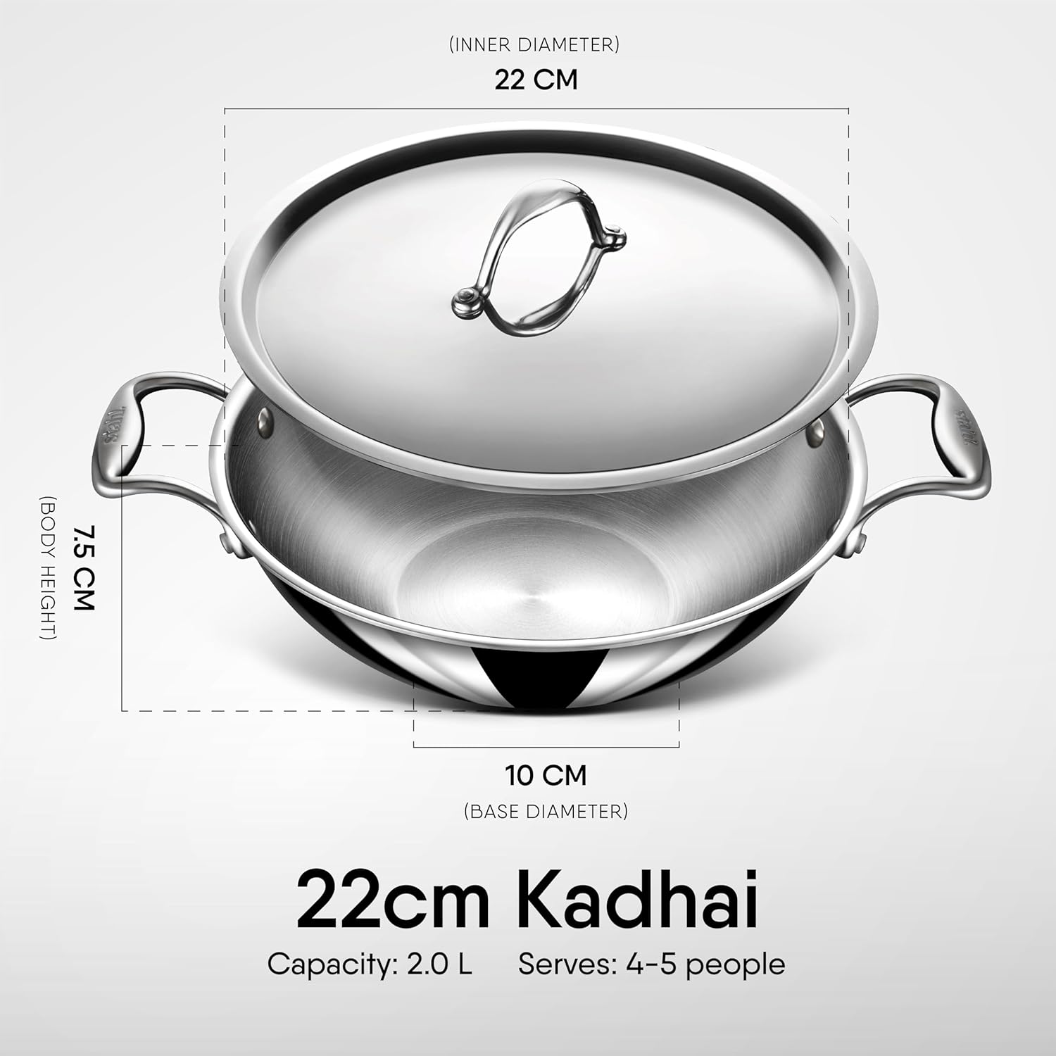 Artisan Triply Silver Stainless Steel Kadhai With Lid, 2 Liters | Kadai For Cooking, Stainless Steel Cookware Triply Kadai, Induction & Gas Stove Compatible, 22 Cm