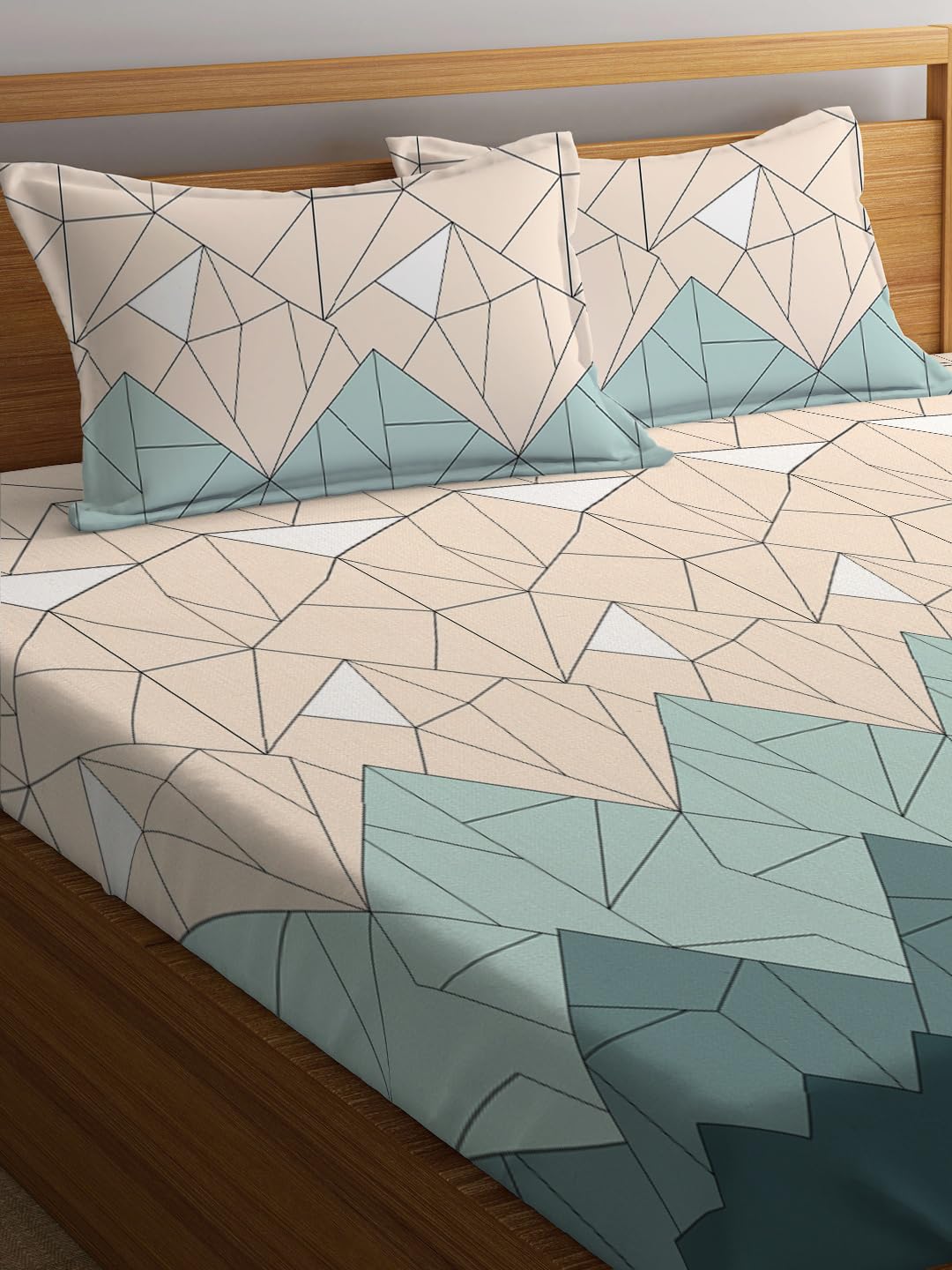 Elastic Fitted Printed Queen Size Double Bed Bedsheet With 2 Pillow Covers | 60 X 78 X 10 Inches, Beige & Green | Super Soft Premium Brushed Glace Cotton Material