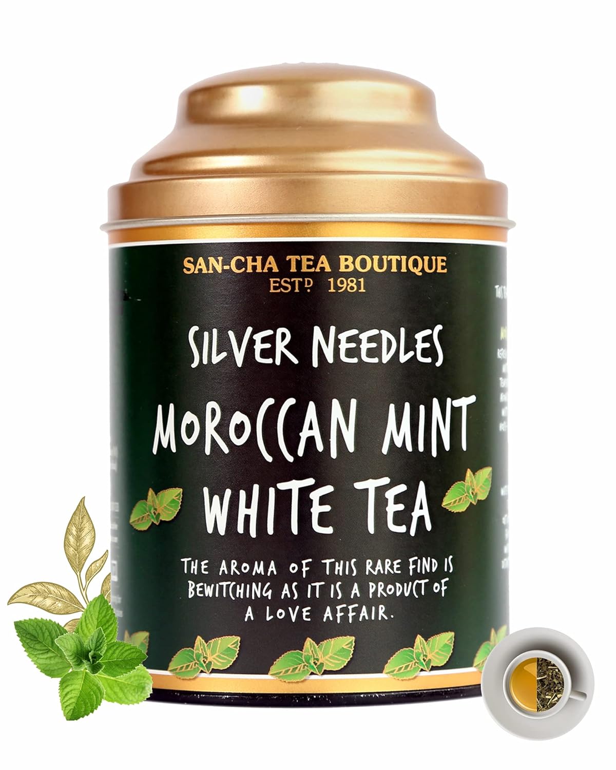 San-Cha Silver Needles Moroccan Mint White Tea - 75gm, 2.6 Ounce | Environment Friendly, Hand Plucked - Low Caffeine, Richest In Antioxidants