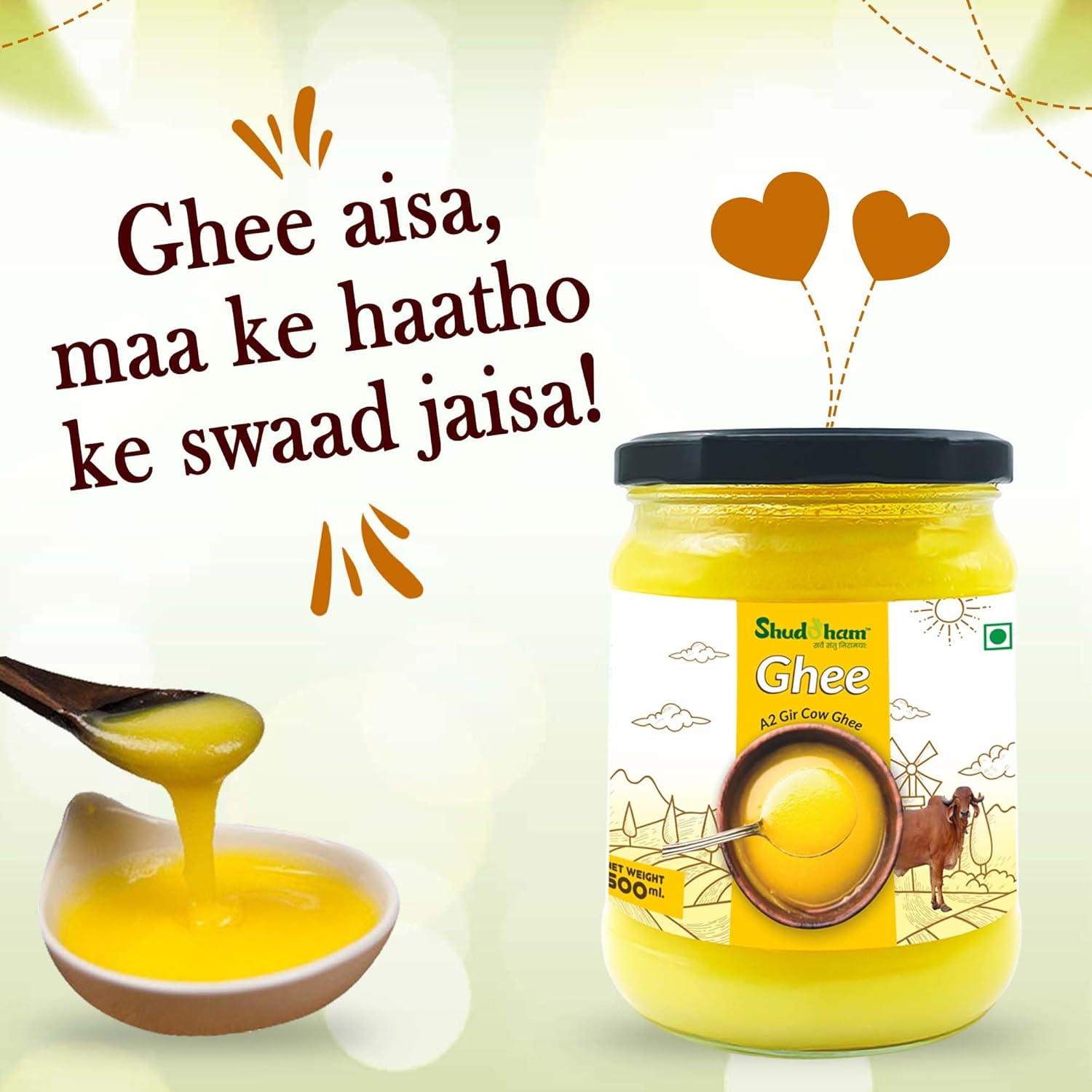 Pure Organic Gir Cow Ghee By Youshuddham | Traditional Bilona Method Desi Ghee For Cooking, Baking & Health | (500ml) 16.9 Ounce | Jar Pack