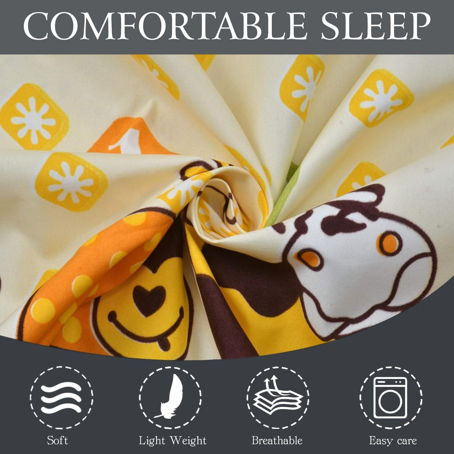 Cartoon Printed Single Bedsheet For Kids With One Pillow Cover - 60 X 90 Inches, Yellow | 300 Thread Count - Wrinkle Free Soft Perfect For Everyday Use