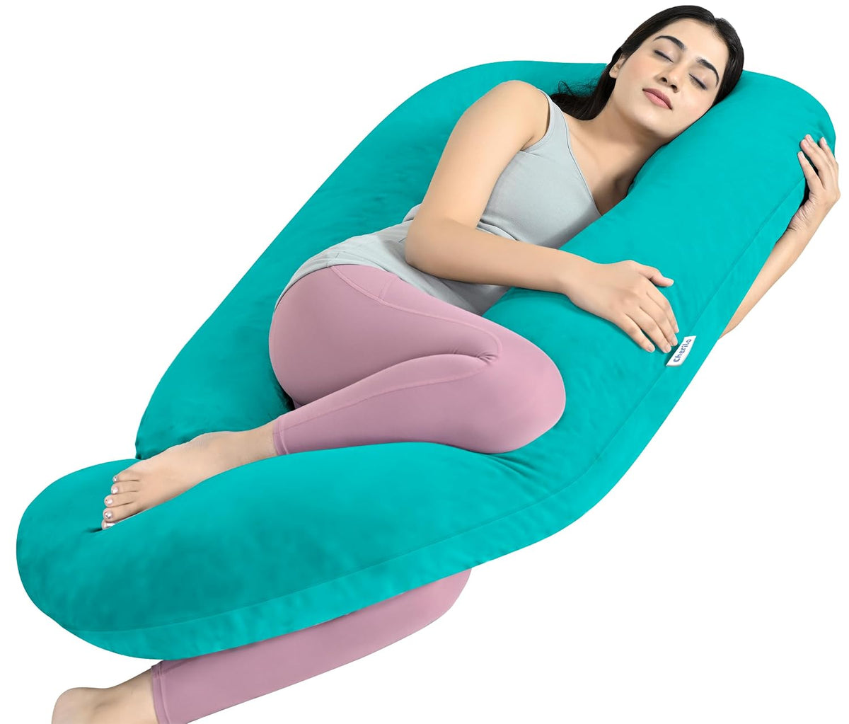 Full Body G Shape Pregnancy Pillow, For Pregnant Women & Nursing Mom, Aqua Green | Single Pillow For Multipurpose Use During Maternity | Premium Velvet Cover With Zip, Adjustable Pillow