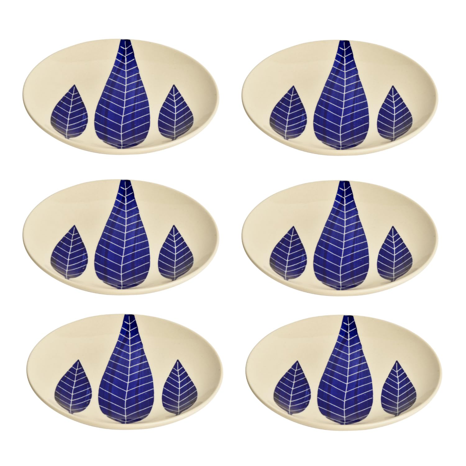 Hand Painted Ceramic Blue Leaf Quarter Plates Set Of 6 - 7 Inches, Blue & White | Dishwasher Safe Small Side Plates - Microwave Safe Snack Plates