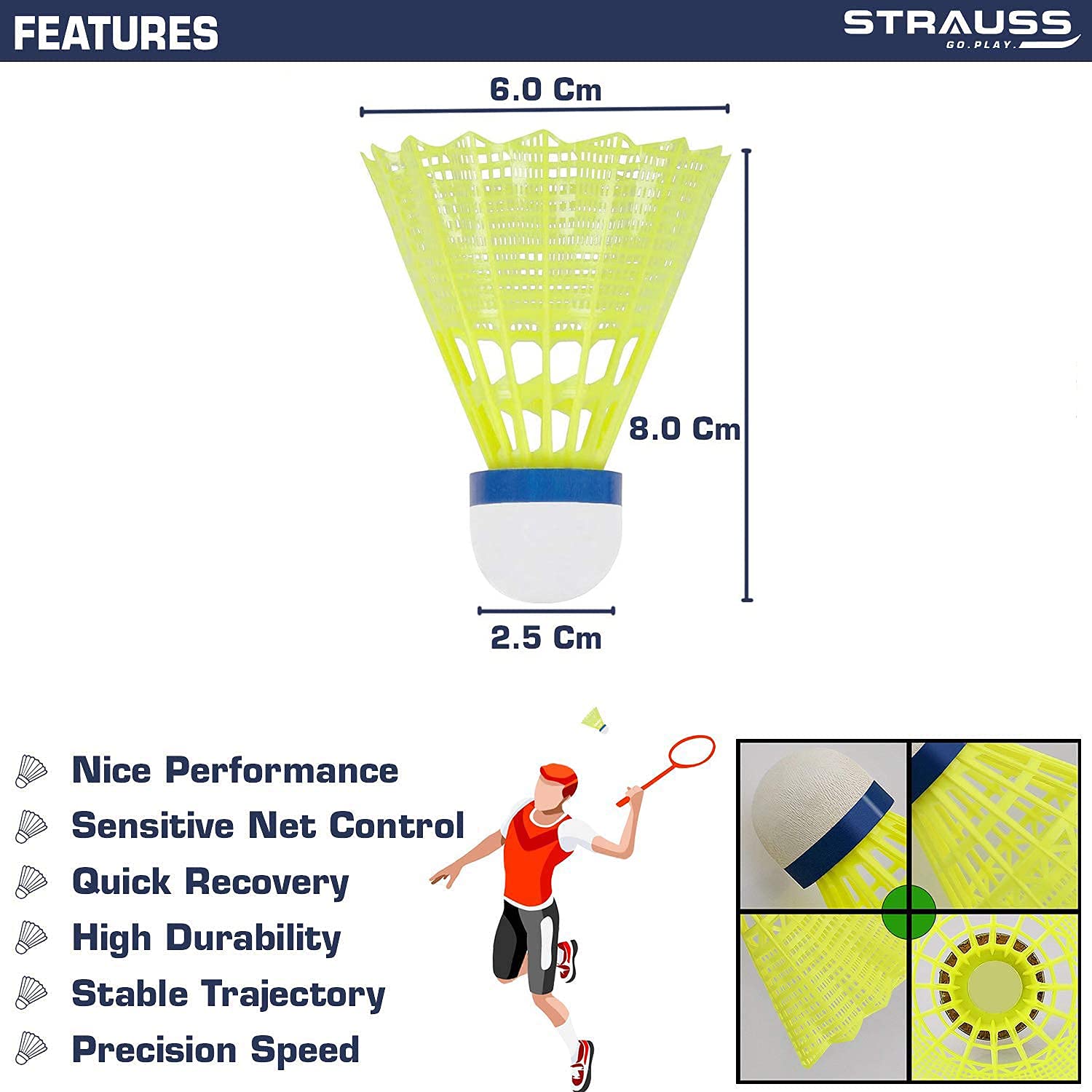 Strauss Maxis 5050 Badminton Nylon Shuttlecock | Medium Speed, Durable & Less Frequent Replacement , Green | Pack Of 6