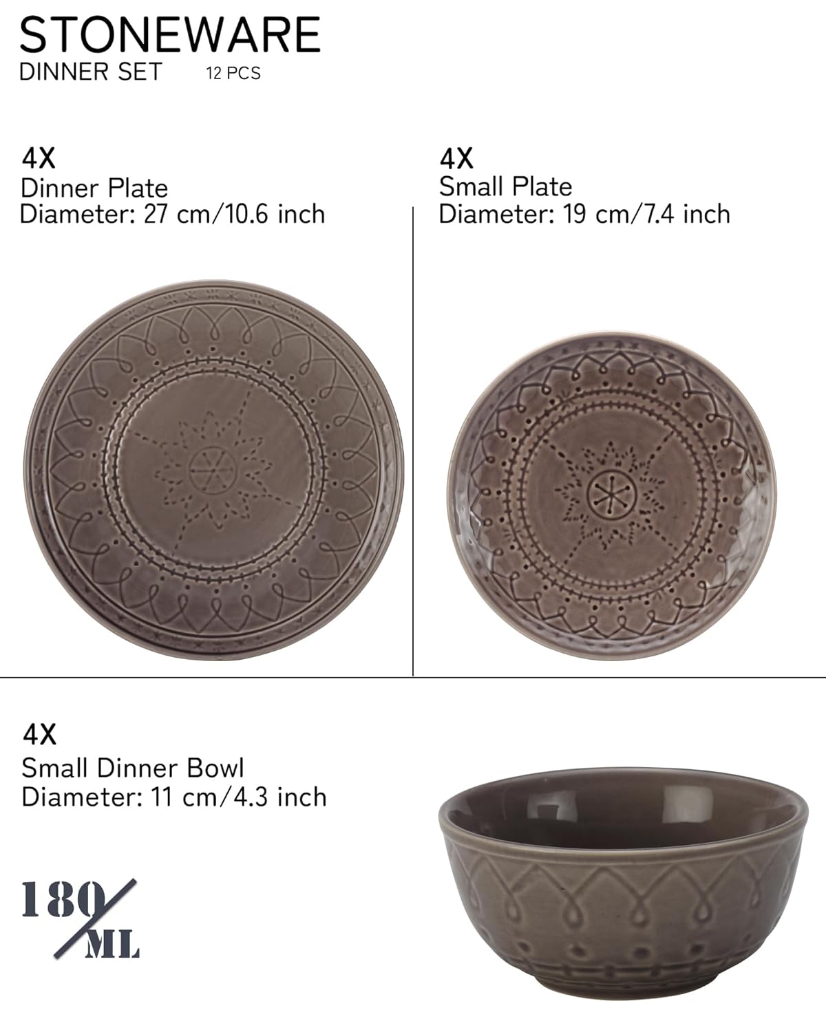 Handcrafted Stoneware Embossed Ceramic Dinner Set Of 12 Pcs - Ash Grey | 4 Dinner Plates+ 4 Small Plates+ 4 Small Dinner Bowls, 180ml Each | Microwave & Dishwasher Safe - Serving For 4