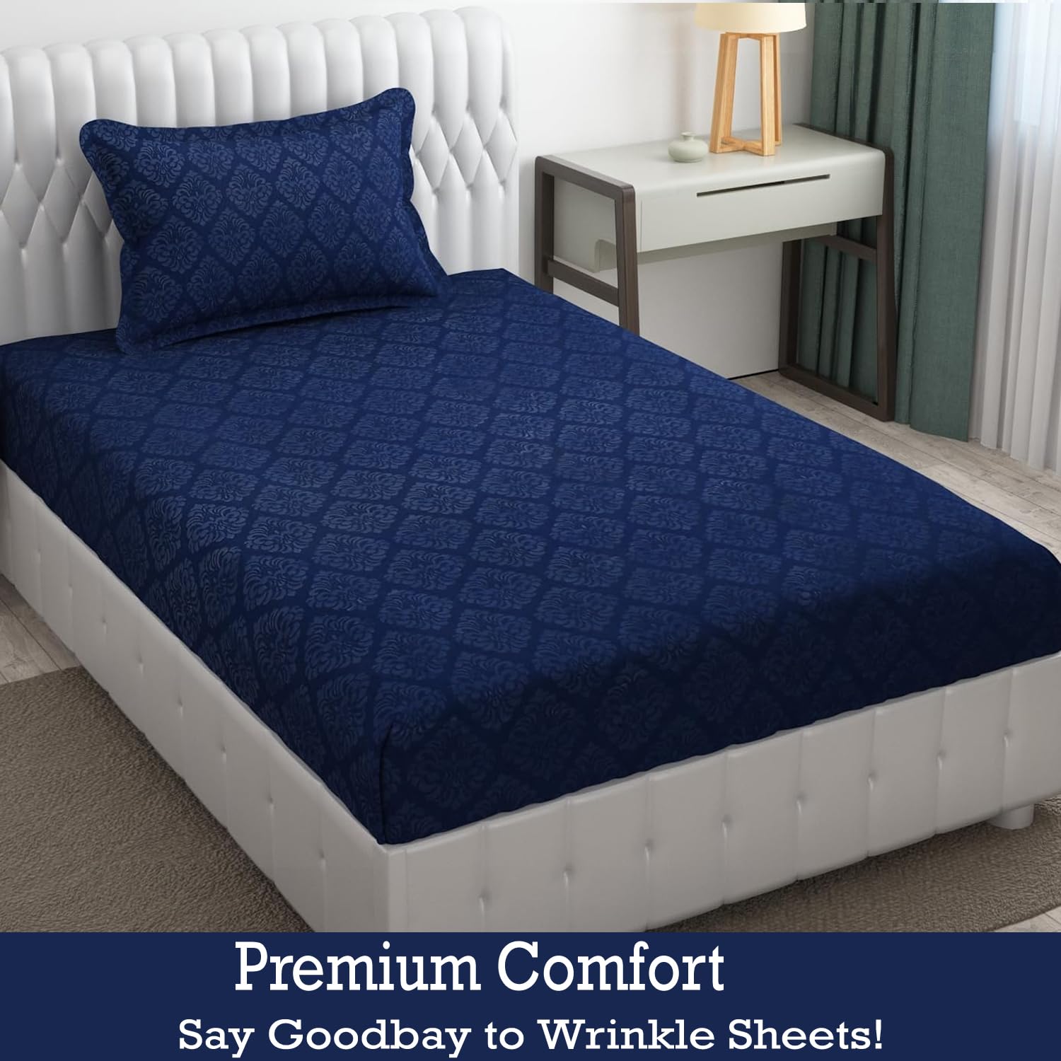 Soft Microfiber Single Bedsheet With 1 Pillow Covers - 60 X 90 Inches | Navy Blue, Damas Design | Wrinkle Free Design & Easy To Wash | Refreshing Your Bedroom Look