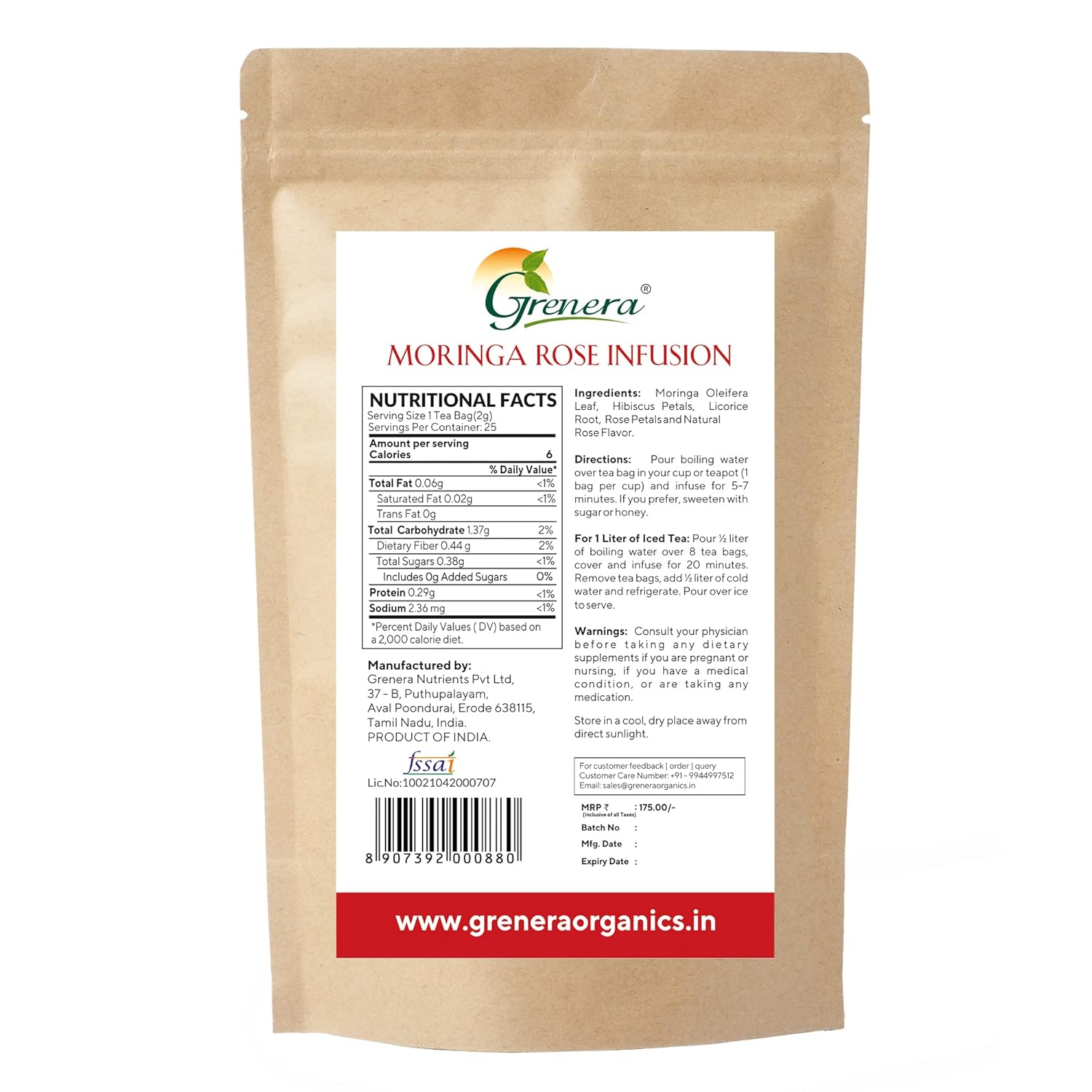 Grenera Moringa Rose Infusion Tea - 25 Tea Bags | Herbal Dietary Supplement - Caffeine Free, Non-GMO, Gluten Free, Staple Free