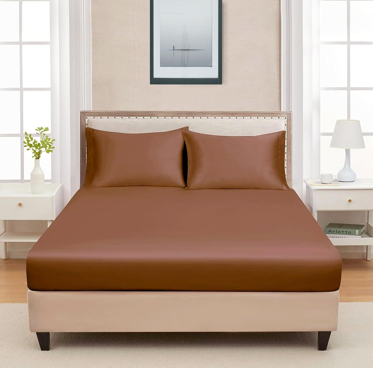Satin Fitted Solid Bedsheet King Size With 2 Pillow Cover - 72 X 78 X 10 Inches, Brown | Lightweight & Breathable, Perfect For All Seasons