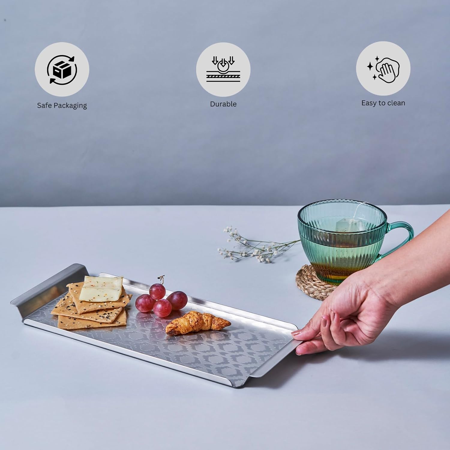 Designer Chrome Stainless Steel Tray - Multipurpose Serving Platter | Premium Serve Ware, Dinnerware & Tableware