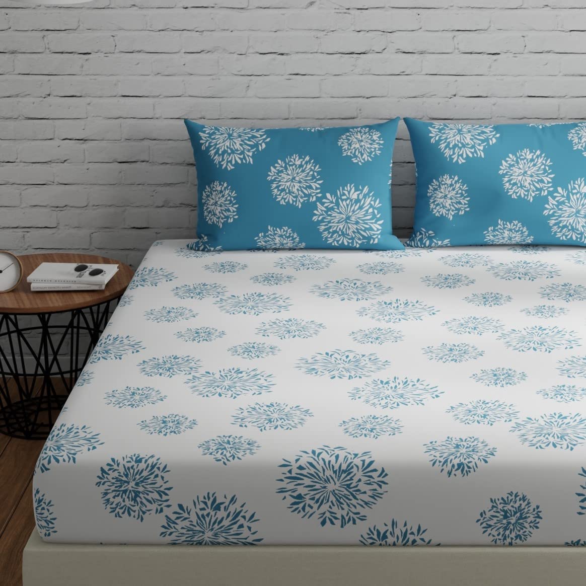 Flat Bedsheet For Double Bed With 2 Pillow Covers - 88 X 96 Inches, White & Blue | Comfort Fabric Bedsheet Home, Hotel & Guest House