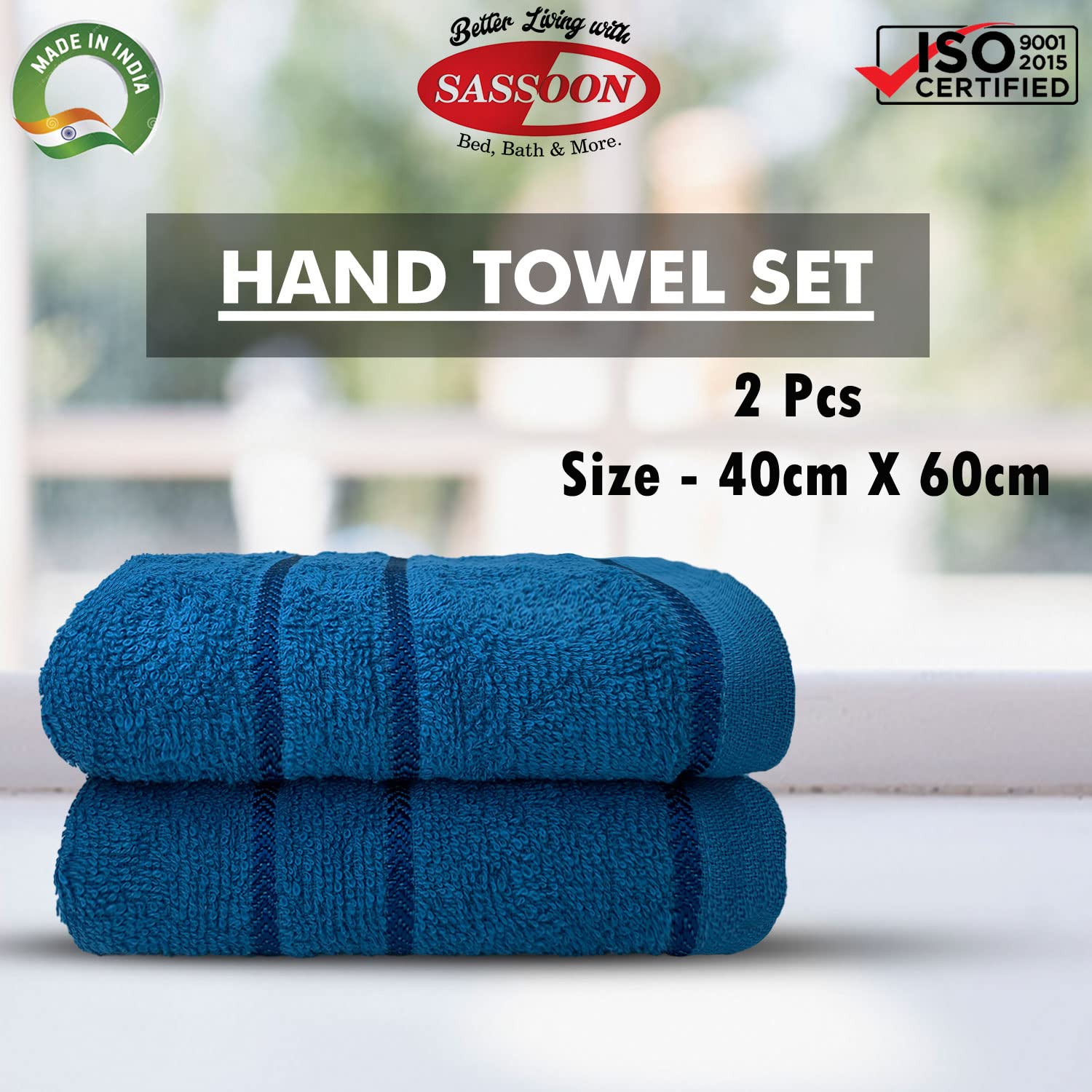 Sassoon Melrose 100% Cotton Hand Towel 400 Gsm | Highly Absorbent, Soft Material Perfect For Daily Use (Teal) -2 Piece