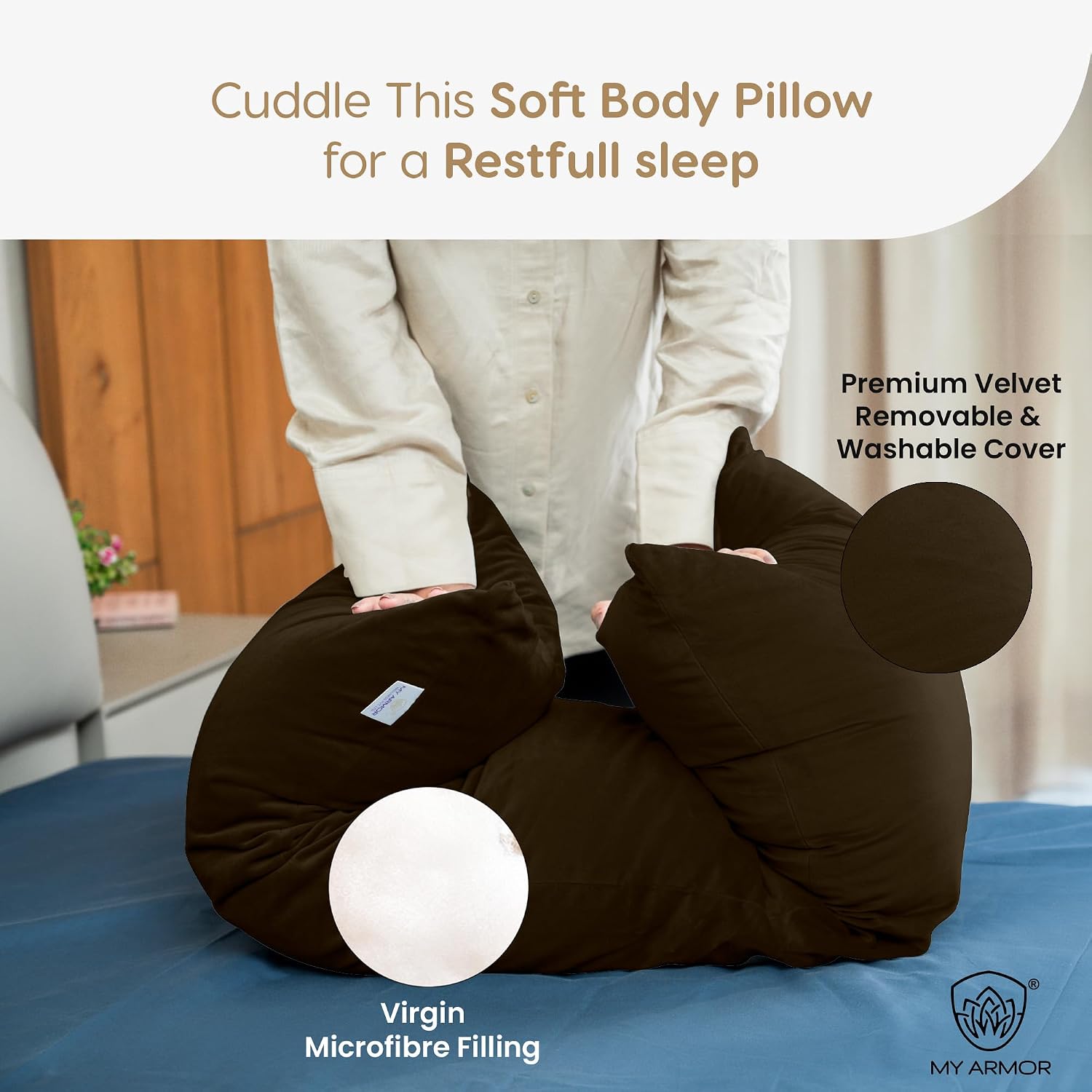Microfiber Body Side Pillow For Sleeping For Pregnancy, Brown - 53 X 16 Inch | Long Cuddle Pillow For Hugging, Relaxing, Washable, Premium Velvet Outer Cover With Zip, Adjustable Pillow