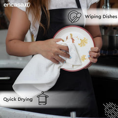 Encasa Xo Kitchen Dish Towels Set 320 Gsm | Waffle Weave & Flat Hand Tea Towel | Quick Drying Reusable Cotton Washcloths | Set Of 4 (White)