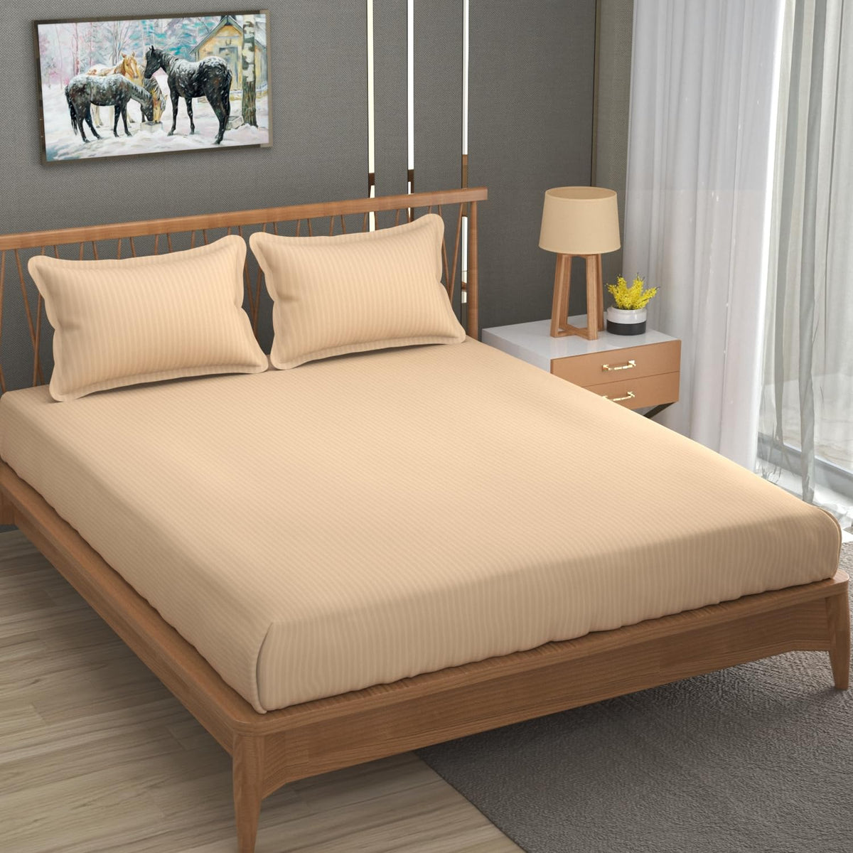 Stripe Glace Cotton 1 Double Bedsheet With 2 Pillow Cover - 91 X 90 Inches, Peach | Fade Resistant & Durable Breathable & Wrinkle Free Bed Sheet