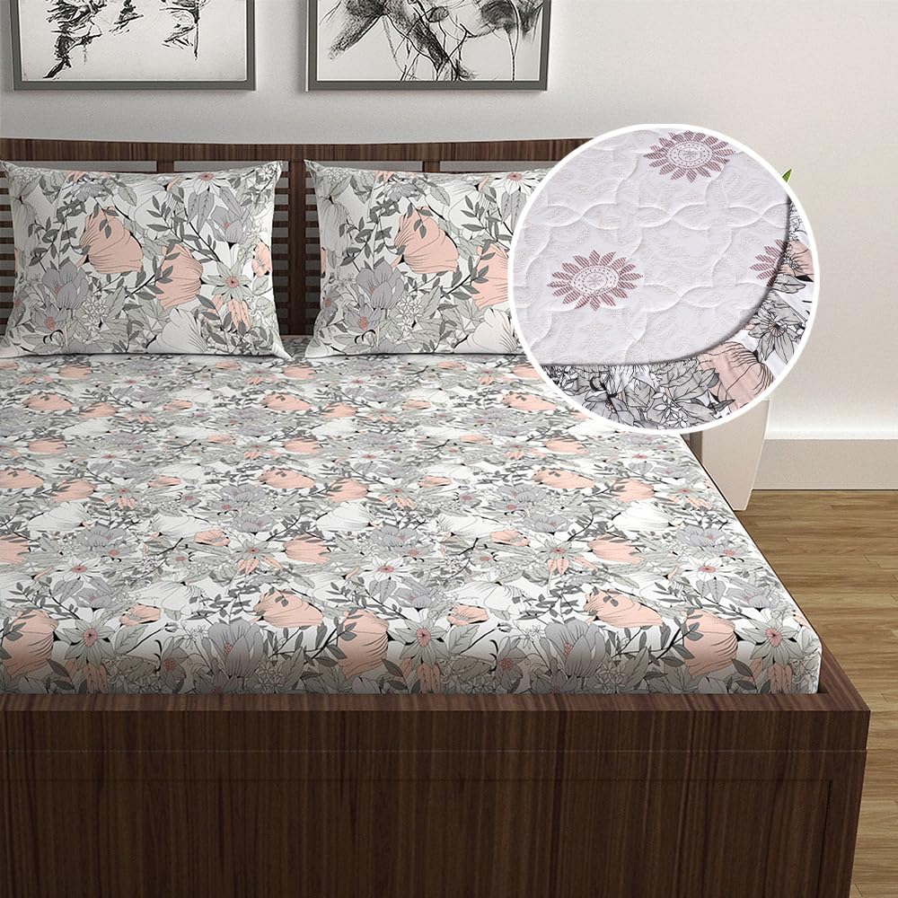 Double Bedsheet For Queen Size With 2 Pillow Covers - 60 X 78 Inches, Grey & Peach | All Around Elastic Fitted Soft, Lightweight & Breathable Cotton Bedsheet