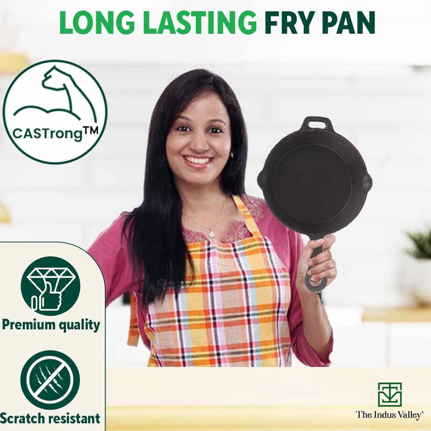 Pre-Seasoned Black Cast Iron Shallow Fry Pan With Long Loop Handle - Medium, 23cm, 9 Inch, 1.4 Ltr, 2.4 Kg | Induction Friendly, Nonstick Fry Pan, 100% Pure & Toxin Free, No Chemical Coating