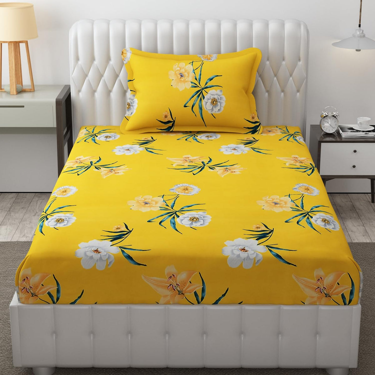 Microfiber Single Bedsheet Set With 1 Pillow Covers (60 X 90 Inches) Yellow | Durable & Long-Lasting | 144 Thread Count | Wrinkle Free