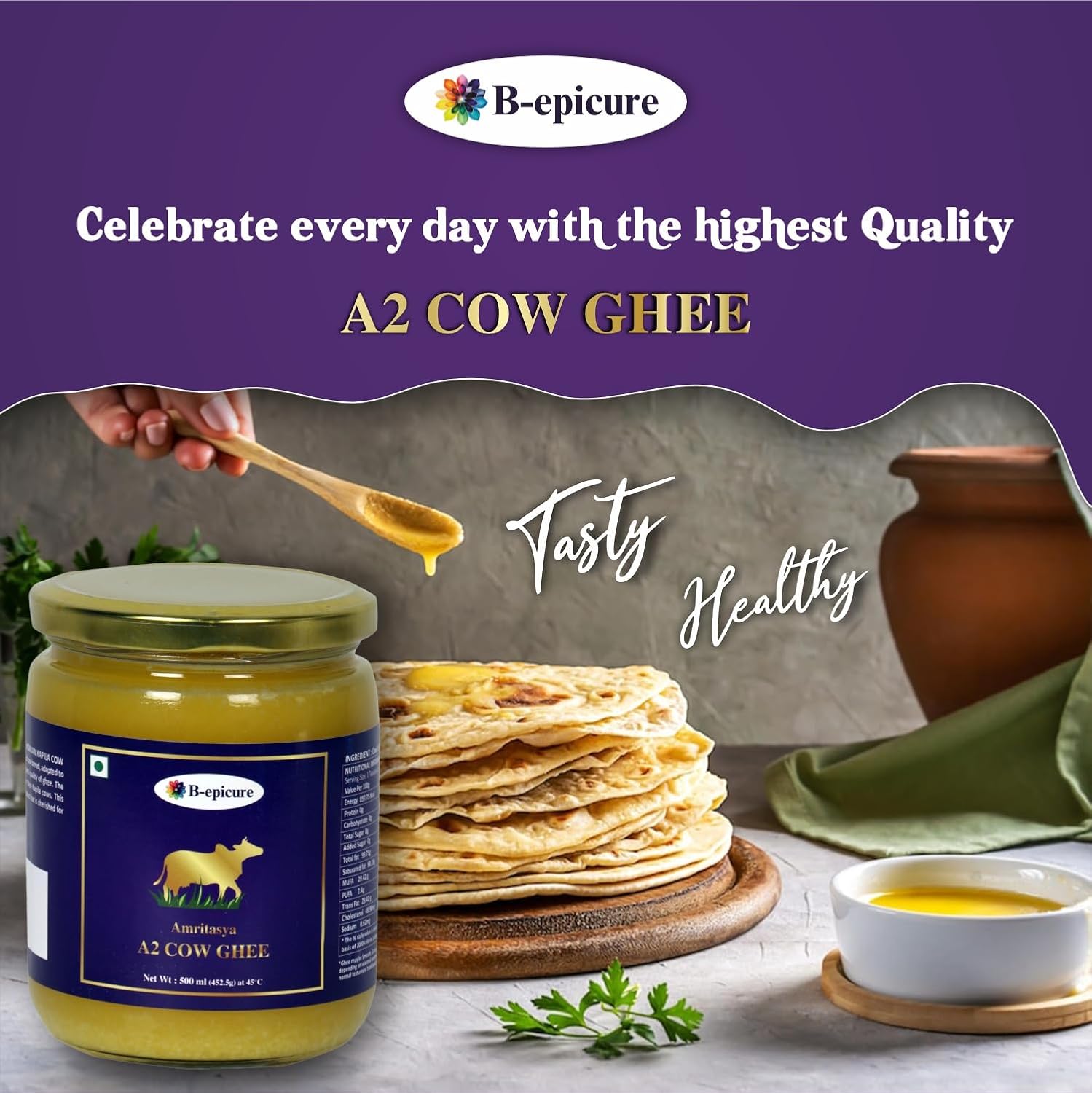 Organic Pure Amritasya A2 Cow Ghee By B-Epicure | Traditional Bilona Method Pure & Natural Curd- Churned Desi Ghee Good For Health | 1 Litre (500ml * 2) 33.8 Ounce | Jar Pack