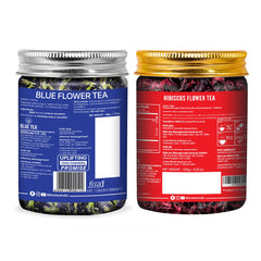 Blue Tea Combo Pack Of 2 - Butterfly Pea Flower Tea 50gm, 1.7 Ounce + Hibiscus Flower Tea 100gm, 3.5 Ounce | Antioxidant Rich - Caffeine Free, Gluten Free, Non GMO | Pet Jar Packaging