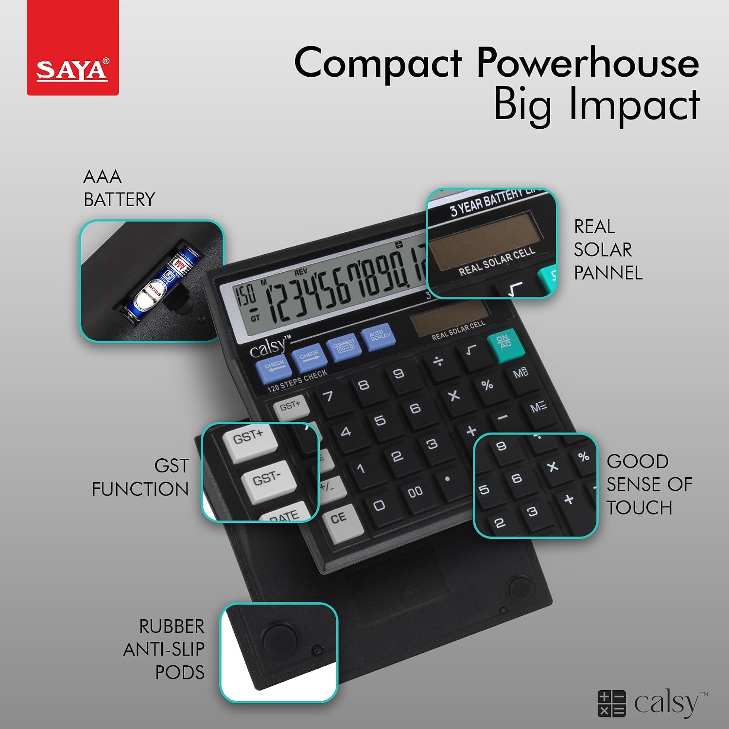 Saya SY-C512T1 Check And Correct Basic Desktop Calculator With 12 Digits Large Display | Ergonomic Design | Dual Power (Solar & Battery) | Ideal For Office & School Use | 1 Year Warranty