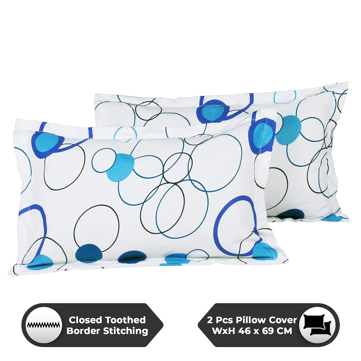 100% Cotton Elastic Fitted Double Bedsheet For Queen Size 2 Pillow Cover - 88 X 100 Inches, White & Blue | Perfect For Festive Gifting | Durability & Long-Lasting Use