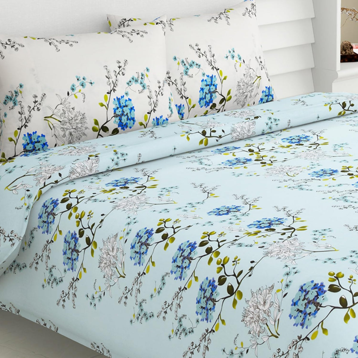 Pure Cotton Queen Size Bedsheet With 2 Matching Pillow Covers - 90 X 100 Inches, Sky Blue & Green | Easy Care & Long-Lasting Fabric