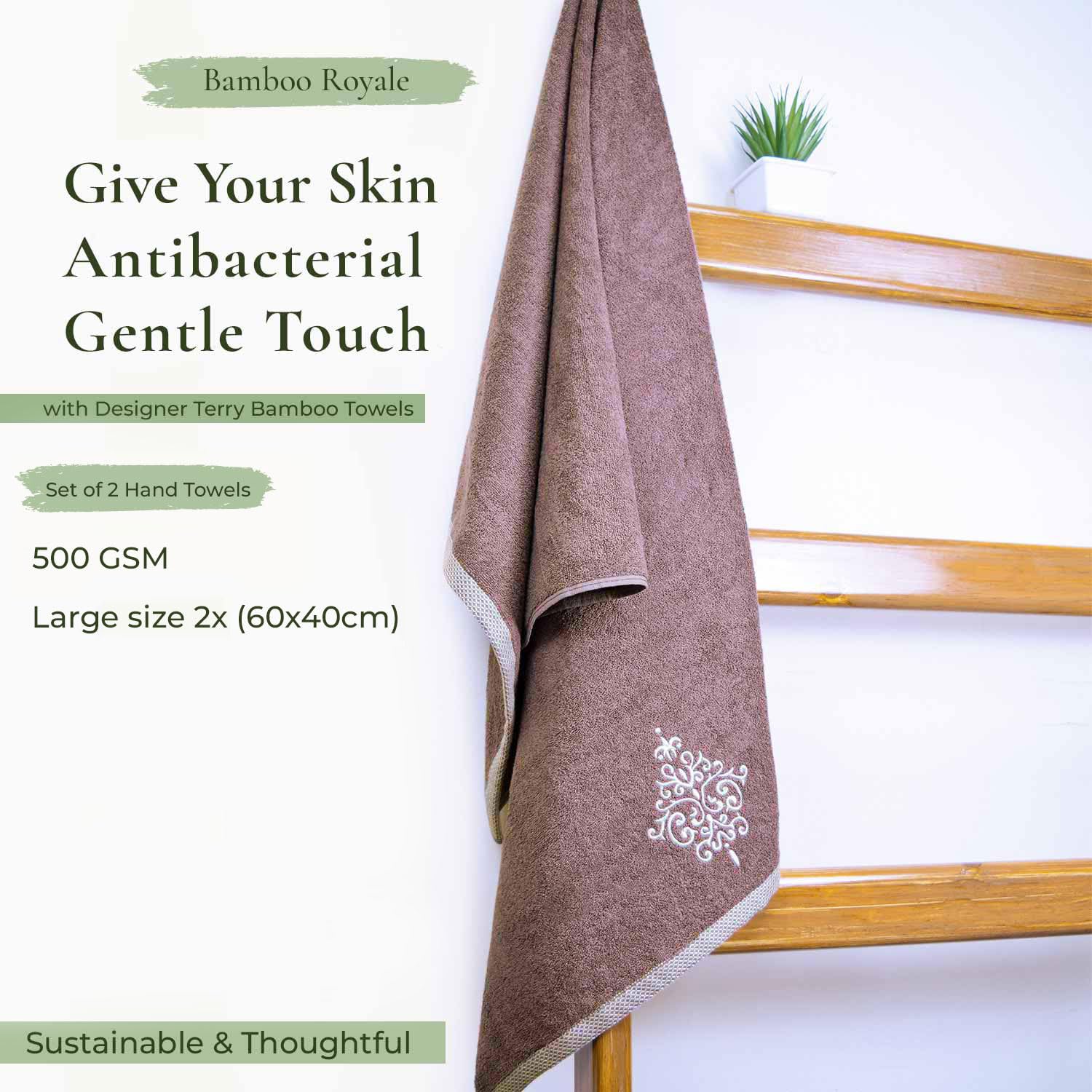 Rangoli 100% Bamboo Hand Towels 500 Gsm | Ultra Soft, Quick-Absorbent & Eco-Friendly Towels For Hand & Bathroom - Ash Brown (Set Of 2)