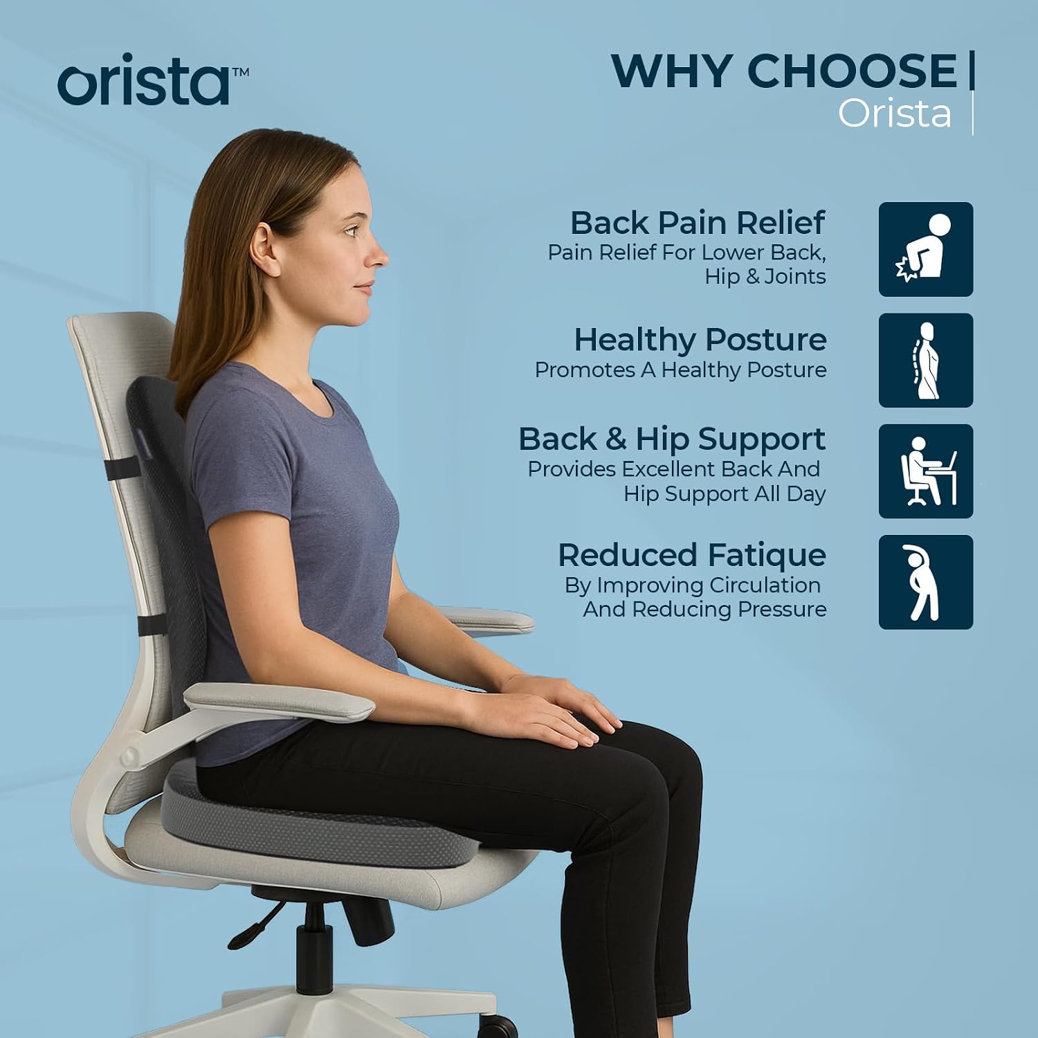 Advance Gel Blended Memory Foam Pillow, Coccyx Seat Cushion, Black Color | Full Length Back Support | Orthopedic Cushion Combo, Coccyx & Back Pain Relief, Long Sitting On Office, Home Chair