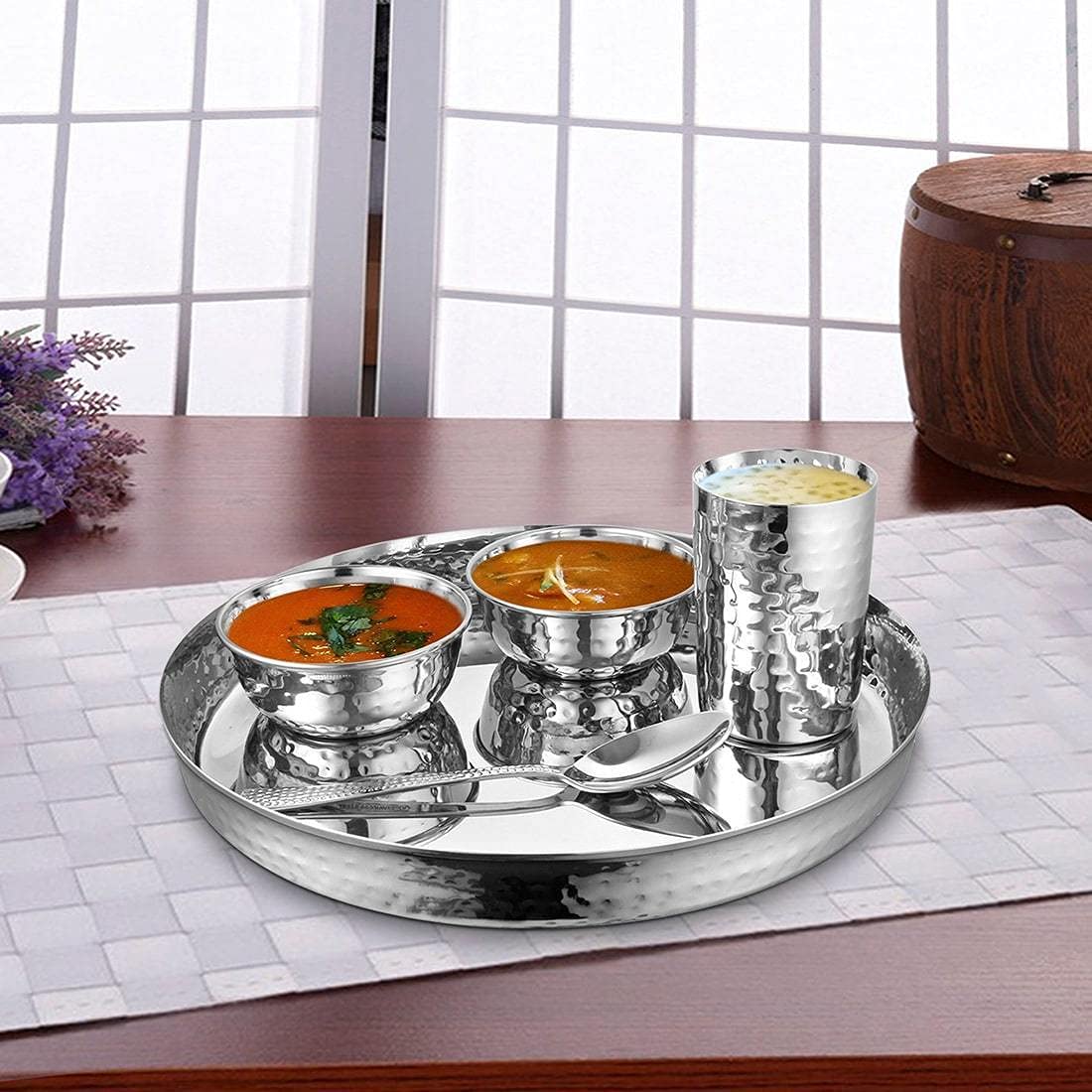 High Grade Stainless Steel Komcha Hammered Thali Set Of 5 Pieces, Mirror Finish | 1 Thali+ 2 Bowls+ 1 Glass+ 1 Dessert Spoon - Easy To Clean & Dishwasher Safe