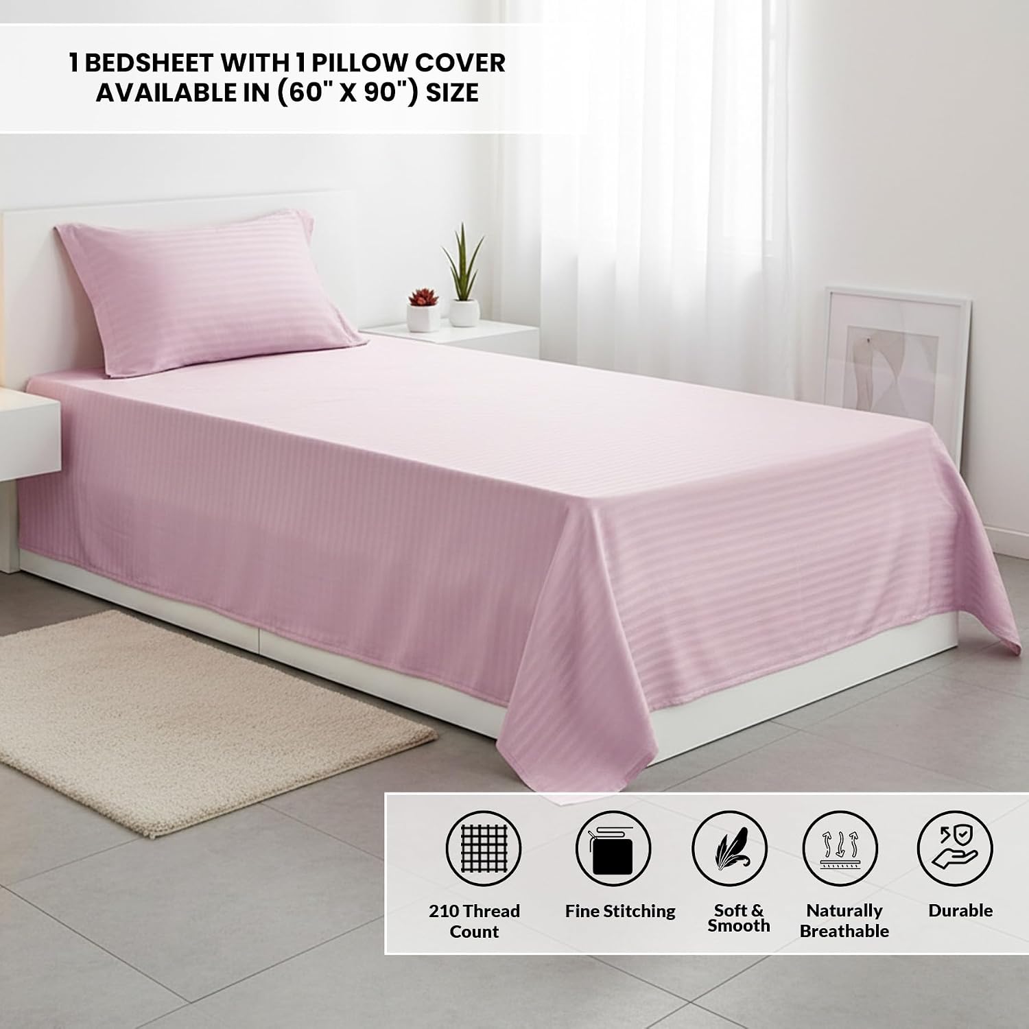 Soft Cotton Single Bedsheet With 1 Piece Pillow Cover - 60 X 90 Inches, Light Pink | Lightweight, Breathable & Easy To Maintain Bedsheet