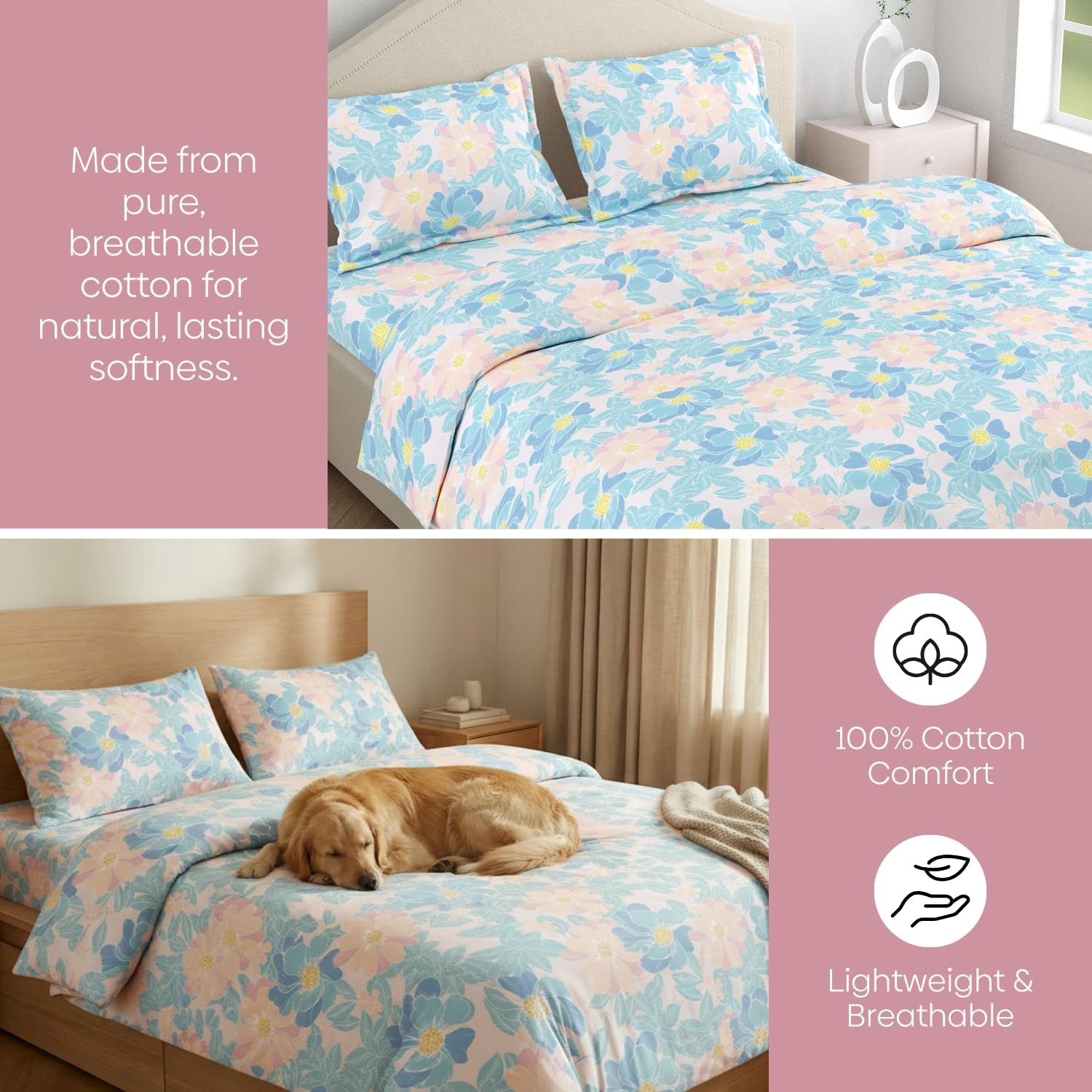 Bedsheet Double Bed For Queen Size - 100 X 90 Inches 2 Pillow Cover, Sky Blue | Ideal For Everyday Use | Soft, Skin-Friendly & Durable Cotton Fabric