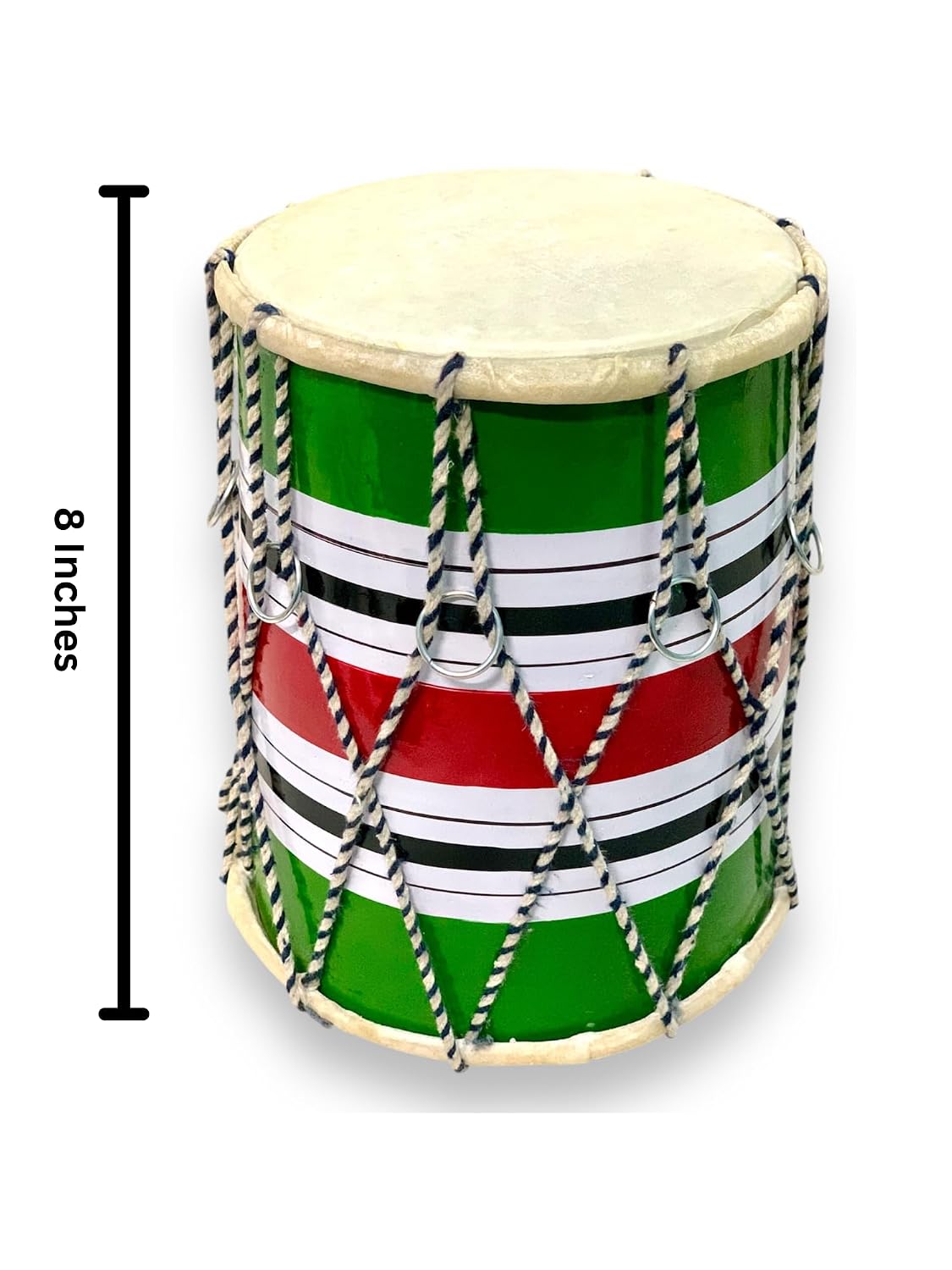 Indian Handmade Rope & Ring Baby Dholak 8 Inches - Red, Green, White | Perfectly Symmetric Round Dholak - Dholak For Festival, Wedding, Satsang | Very Easy To Tune