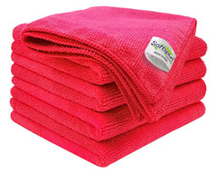 Softspun Microfiber Cleaning Cloths Towel Set 450 Gsm | Highly Absorbent Lint & Streak Free Multi-Purpose Wash Cloth For Kitchen Car Window Stainless Steel Silverware Pack Of 5 (Red)